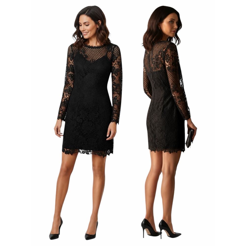 Joie Hemera Lace Yoke Long Sleeve Mini Dress Elegant Black Size 8